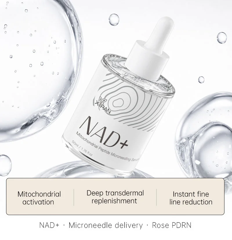A bottle of NAD+ mitochondrial peptide microneedling serum with a dropper, surrounded by clear liquid droplets, promoting skin benefits like mitochondrial activation and fine line reduction.